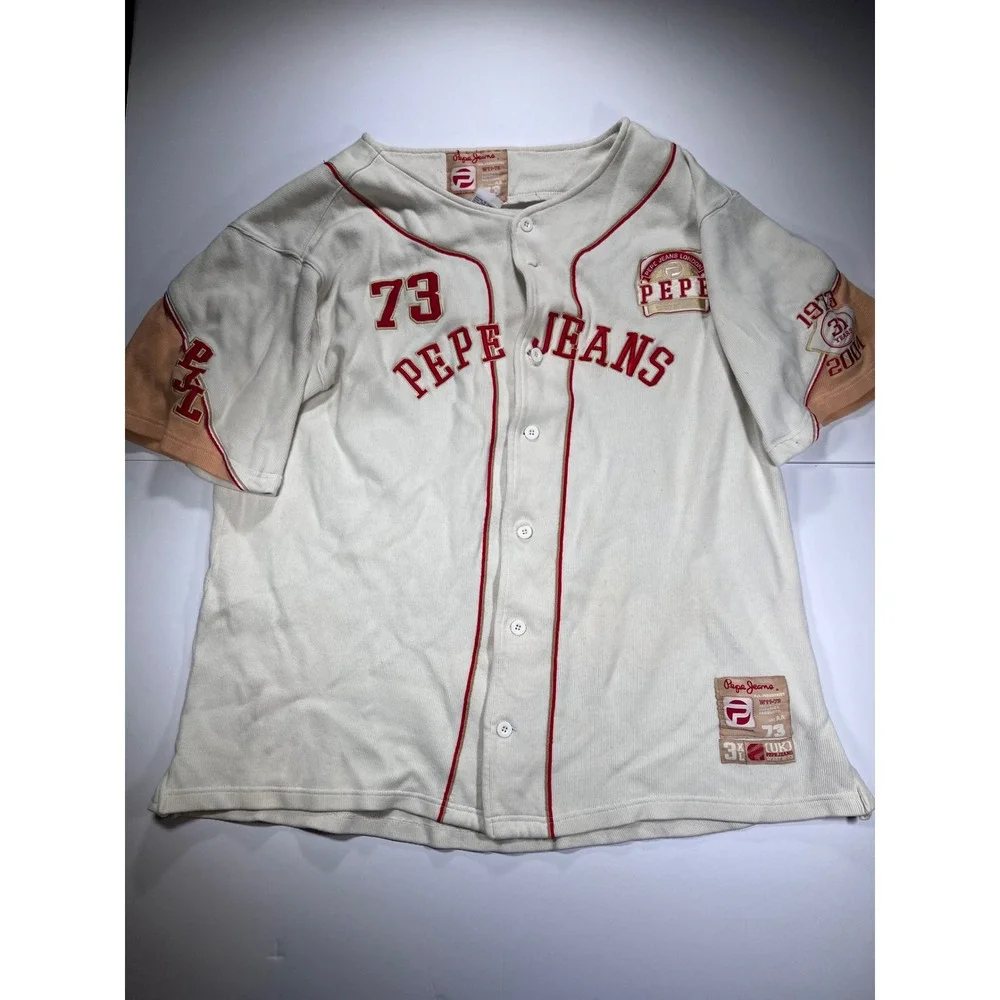 Pepe Jeans Baseball Jersey Mens 3XL Cream Red 73 Anniversary Ribbed Cotton PJL